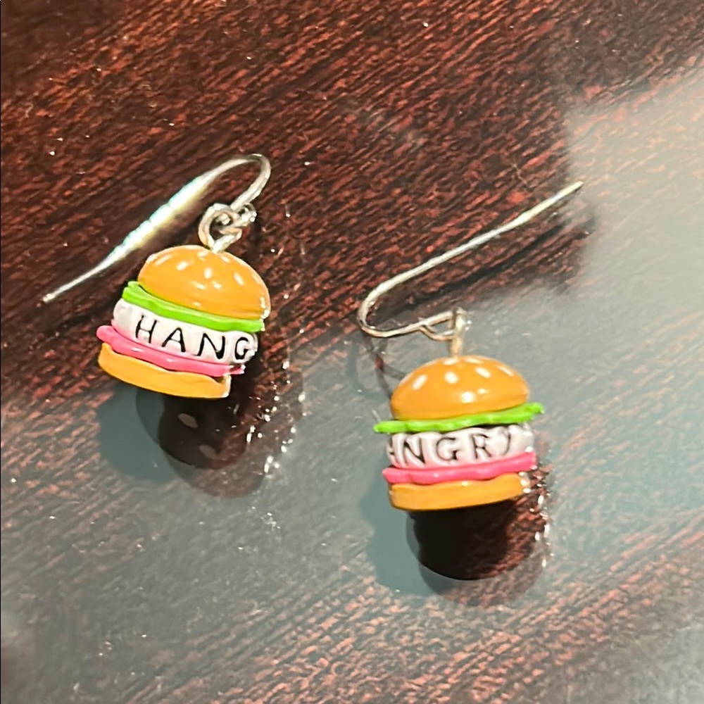 NWOT Novelty Burger Earrings with 'Hangry' Design